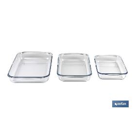 SET DE 3 FUENTES RECTANGULARES DE VIDRIO BOROSILICATO MODELO BARITINA 1600ML-2200ML-3000ML