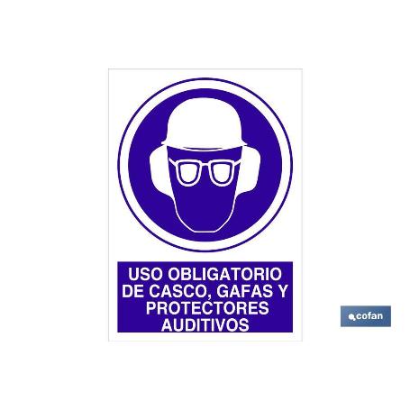 SEÑAL ADHESIVO 148X105MM. USO OBLIGATORIO DE CASCO, GAFAS Y PROTECTORES AUDITIVOS