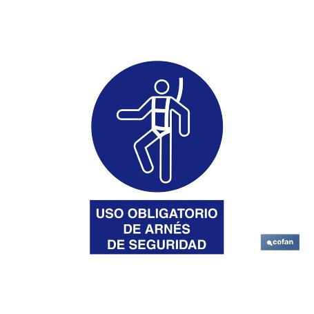 SEÑAL ADHESIVA 297X210MM. SEÑAL USO OBLIGATORIO DE ARNÉS DE SEGURIDAD CON TEXTO