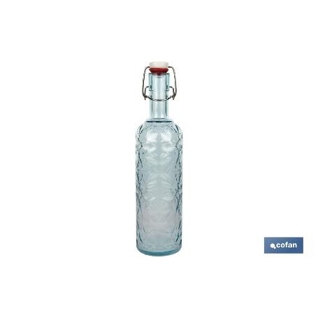 BOTELLA DE VIDRIO TRANSPARENTE AZUL CLARO CON CIERRE DE ESTRIBO 1 L   CAJA 6 UNID.