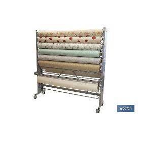 EXPOSITOR DE HULES Y MANTELES  HORIZONTAL CON CORTADOR Y RUEDAS  22 ROLLOS