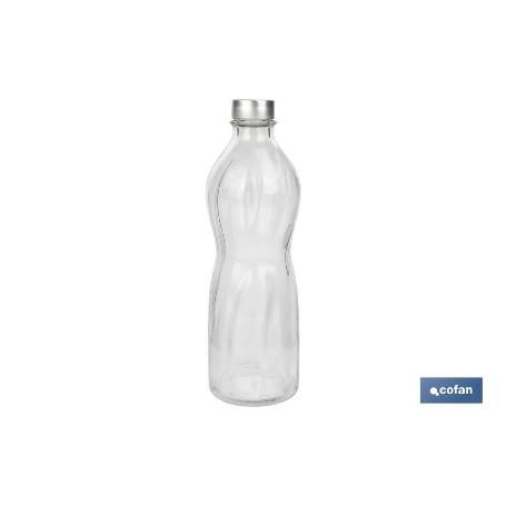 BOTELLA DE VIDRIO TRANSPARENTE CON TAPÓN ACERO INOXIDABLE 1 L   CAJA 6 UNID.