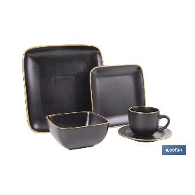 VAJILLA DE CERAMICA DE COLOR NEGRO ESMALTADO DE FORMA CUADRADA CON BORDE VINTAGE 20 PIEZAS