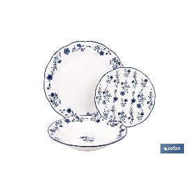 VAJILLA DE PORCELANA CON DETALLE FLORAL AZUL ESMALTADO DE FORMA IRREGULAR 18 PIEZAS