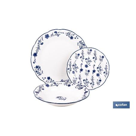 VAJILLA DE PORCELANA CON DETALLE FLORAL AZUL ESMALTADO DE FORMA IRREGULAR 18 PIEZAS