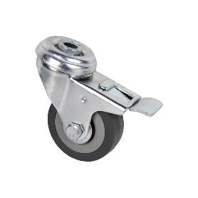 RUEDA DE GOMA GRIS CON AGUJERO PASANTE Y FRENO Ø50 X 18 MM   CAJA 4 UNID.