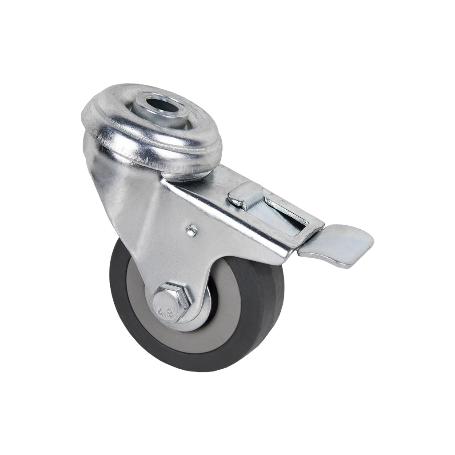 RUEDA DE GOMA GRIS CON AGUJERO PASANTE Y FRENO Ø75 X 22 MM   CAJA 2 UNID.
