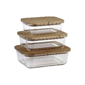 SET DE 3 RECIPIENTES DE BOROSILICATO CON TAPA DE BAMBÚ MODELO PANDA 640 ML-1040 ML -1520 ML