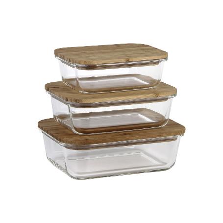 SET DE 3 RECIPIENTES DE BOROSILICATO CON TAPA DE BAMBÚ MODELO PANDA 640 ML-1040 ML -1520 ML
