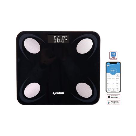 BÁSCULA DE BAÑO DIGITAL NEGRA CON PANTALLA LCD USB MEDICIÓN IMC DE GRASA VISCERAL 30 X 26.5 X 2,2 CM