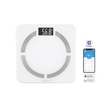BÁSCULA DE BAÑO  DIGITAL  BLANCA CON PANTALLA LCD USB MEDICIÓN IMC DE GRASA VISCERAL 30 X 30 X 2,2 CM