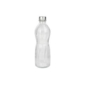 BOTELLA DE VIDRIO TRANSPARENTE CON TAPÓN ACERO INOXIDABLE 1 L   CAJA 6 UNID.