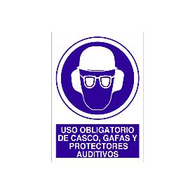 SEÑAL POLIESTIRENO  210X148MM. USO OBLIGATORIO DE CASCO, GAFAS Y PROTECTORES AUDITIVOS