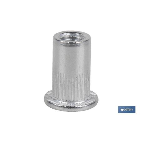 TUERCAS REMACHABLES CILÍNDRICAS RANURADAS FONDO ABIERTO CABEZA ANCHA ALUMINIO M3 X 10   CAJA 1000 UNID.