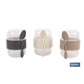 Set de 3 recipientes con tapa, cuchara y compartimiento interior  200ml+200ml   caja 3 unid. SET DE 3 RECIPIENTES CON TAPA, CUCHARA Y COMPARTIMIENTO INTERIOR  200ML+200ML   CAJA 3 UNID.