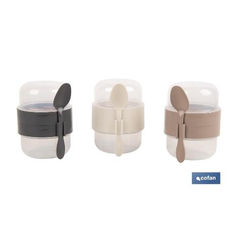 SET DE 3 RECIPIENTES CON TAPA, CUCHARA Y COMPARTIMIENTO INTERIOR  200ML+200ML   CAJA 3 UNID.