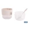 SET DE 3 RECIPIENTES CON TAPA, CUCHARA Y COMPARTIMIENTO INTERIOR  200ML+200ML   CAJA 3 UNID.