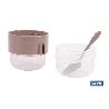 SET DE 3 RECIPIENTES CON TAPA, CUCHARA Y COMPARTIMIENTO INTERIOR  200ML+200ML   CAJA 3 UNID.