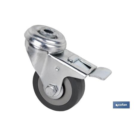 RUEDA DE GOMA GRIS CON AGUJERO PASANTE Y FRENO Ø50 X 18 MM VENTA UNITARIA