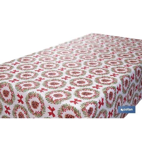 ROLLO DE MANTEL RESINADO ANTIMANCHAS LAZOS Y PIÑAS 75% ALGODÓN 25% POLIÉSTER 1,40 X 15 M